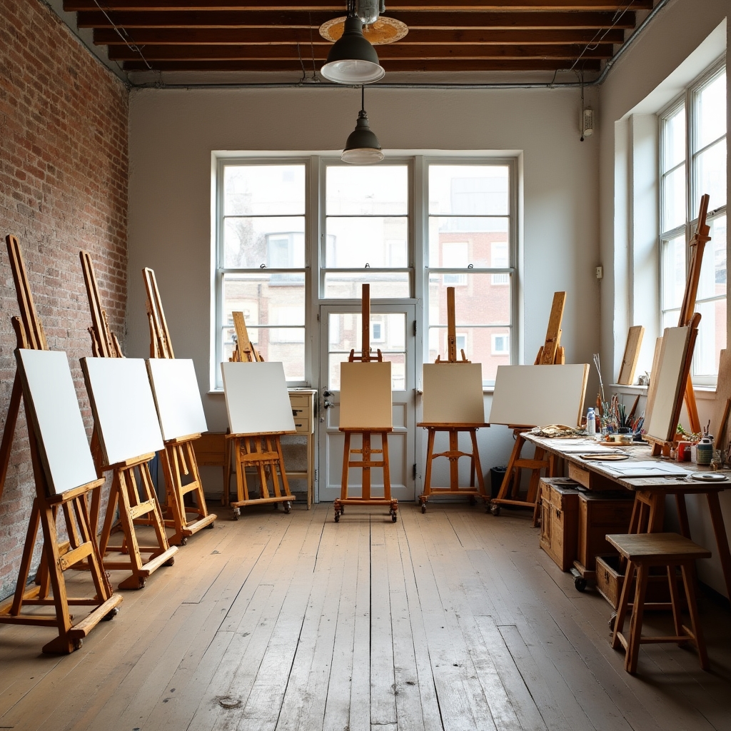 Interno luminoso dell'atelier con tavoli di lavoro e materiali artistici