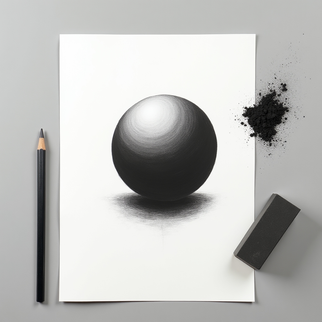 Foglio con studio a carboncino di luci e ombre su una sfera