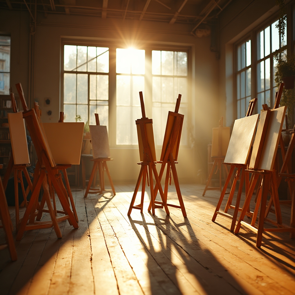 Studio di pittura con luce naturale e cavalletti
