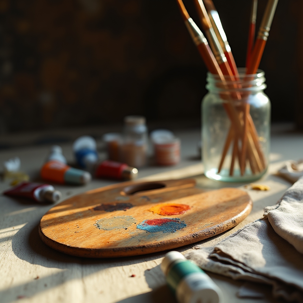 Tavolo con pennelli, tubetti di colore e palette in legno