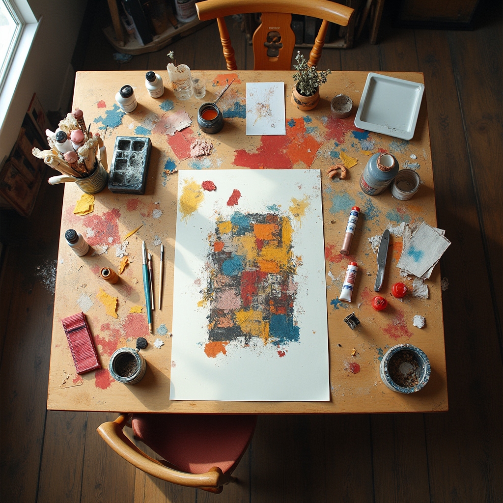 Tavolo con materiali misti: collage, pastelli, acrilici e carta colorata